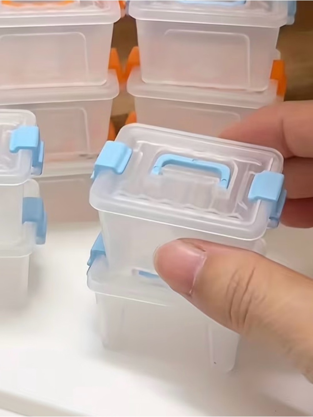 Clear Mini Storage Containers with Blue and Orange Latches - Set of 5